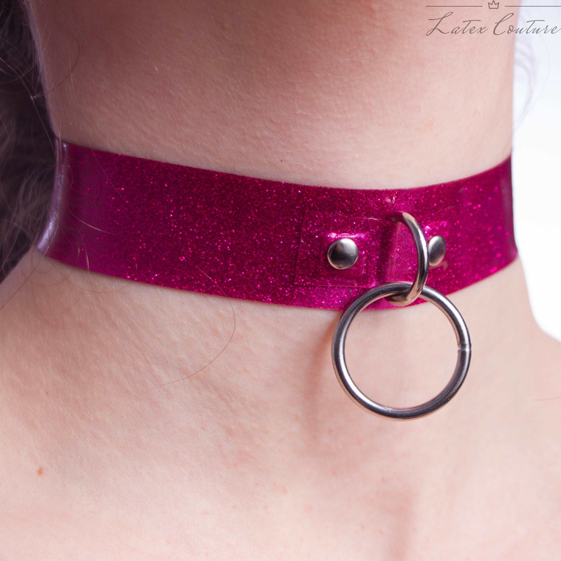 Pink Glitter Latex Choker with O Ring - Latex Couture