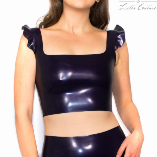 Latex Crop Top - Latex Square Fronted Crop Top With Ruffled Shoulder Straps - Latex Couture
