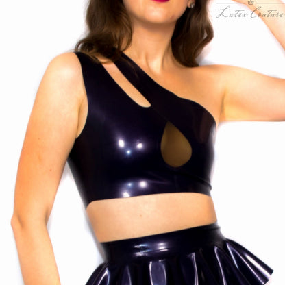 Latex Crop Top - Latex One Shoulder Crop Top With Shoulder Detail - Latex Couture